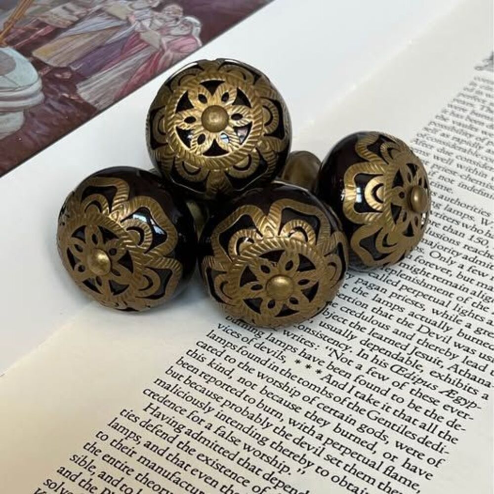 4 Brown Ceramic with Ornate Brass Cap Drawer/Cabinet Pulls